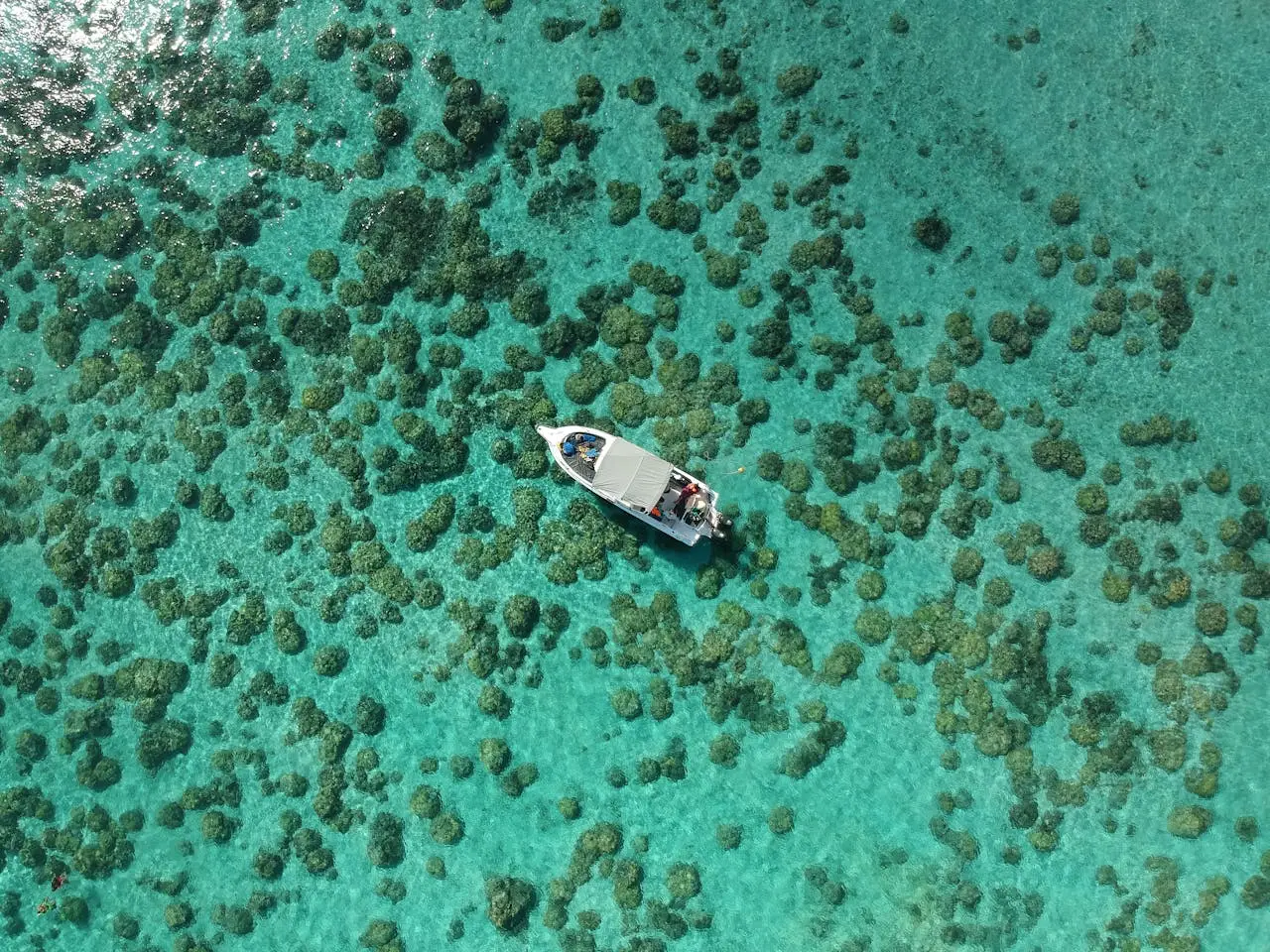 hero-img-01 Stunning aerial shot of a boat navigating over the vibrant coral reef waters of Mauritius.